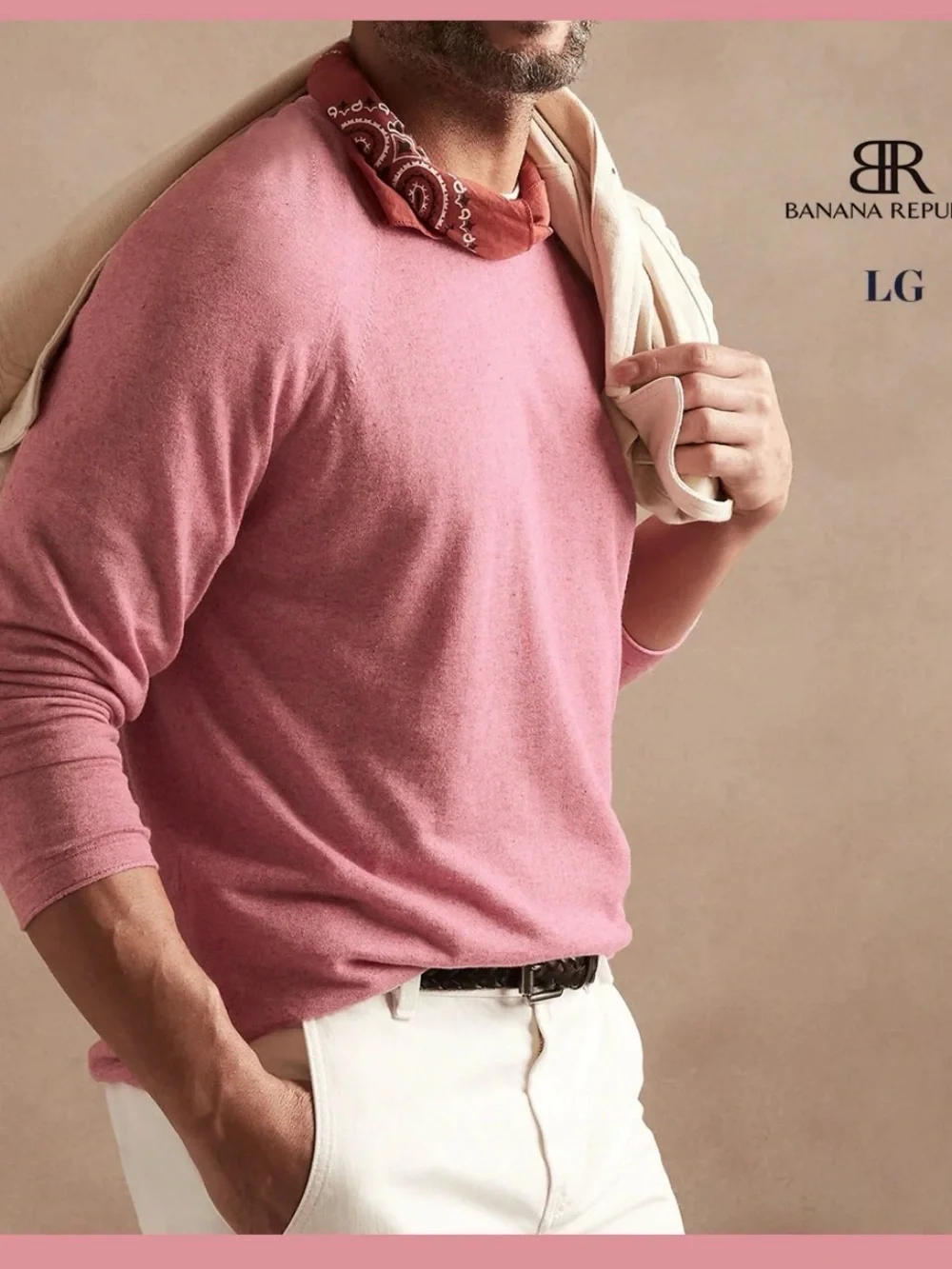 Banana Republic Men's Rose Pink Long-Sleeve Crewneck Shirt